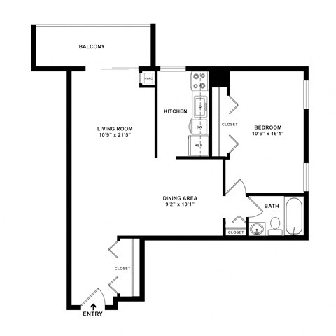 Floor plan for 1 bed, 1 bath, 800 sqft